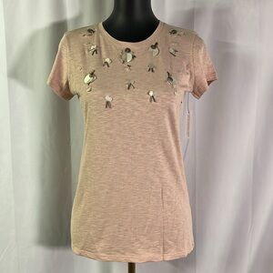 NWT Halogen Pink Smoke Sequin Paillettes & Beaded Accent Short Sleeve T-Shirt
